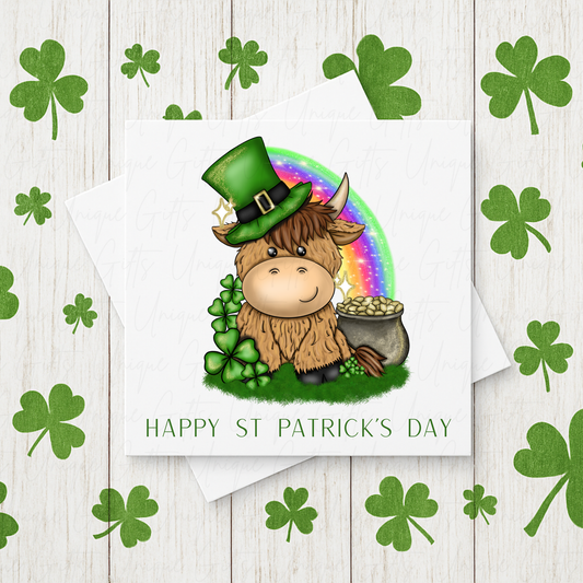 Personalised St Patrick's Day highland cow card – handmade personalised 6x6 inch Irish greeting card