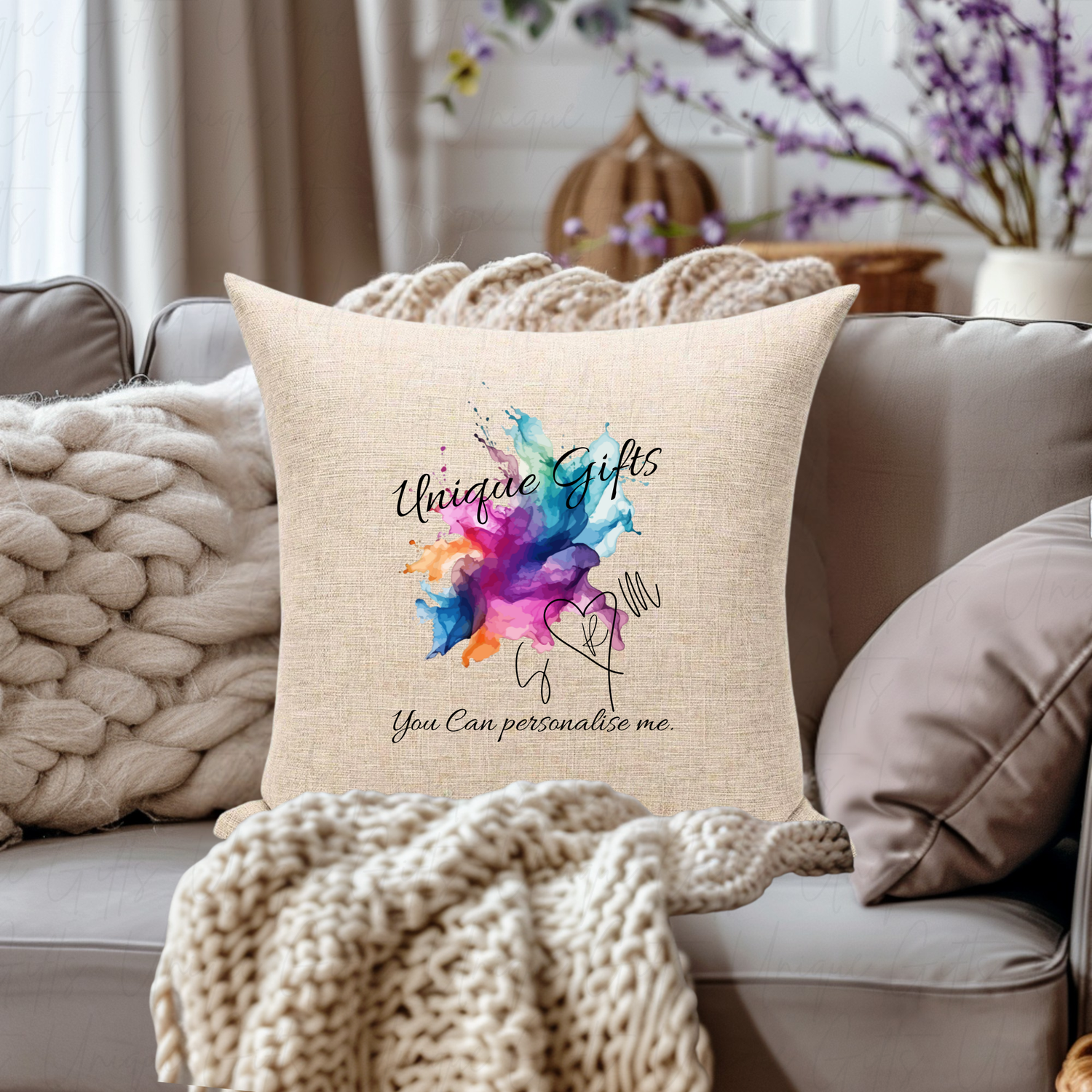 Personalised custom cushion cover on sofa – add your own design, rustic linen look 40cm | Unique Gifts