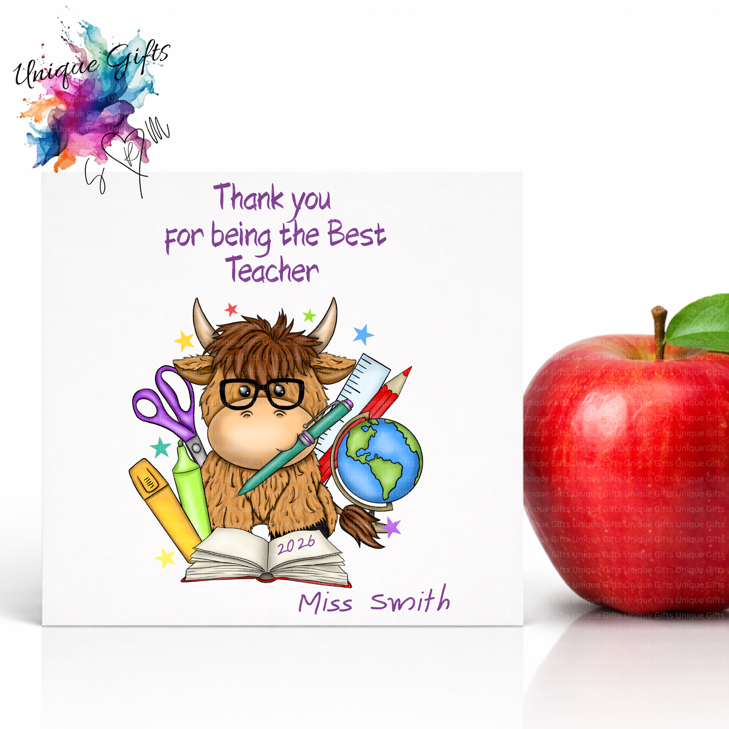 Best Teacher Card – Highland Cow with Glasses