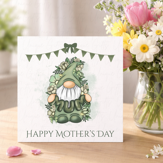 Personalised Mother's Day Card – Sage Green Gonk Holding MUM – Lifestyle Shot