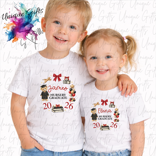 Personalised nursery leavers t-shirt 2026 design 1 – custom name children's graduation keepsake top