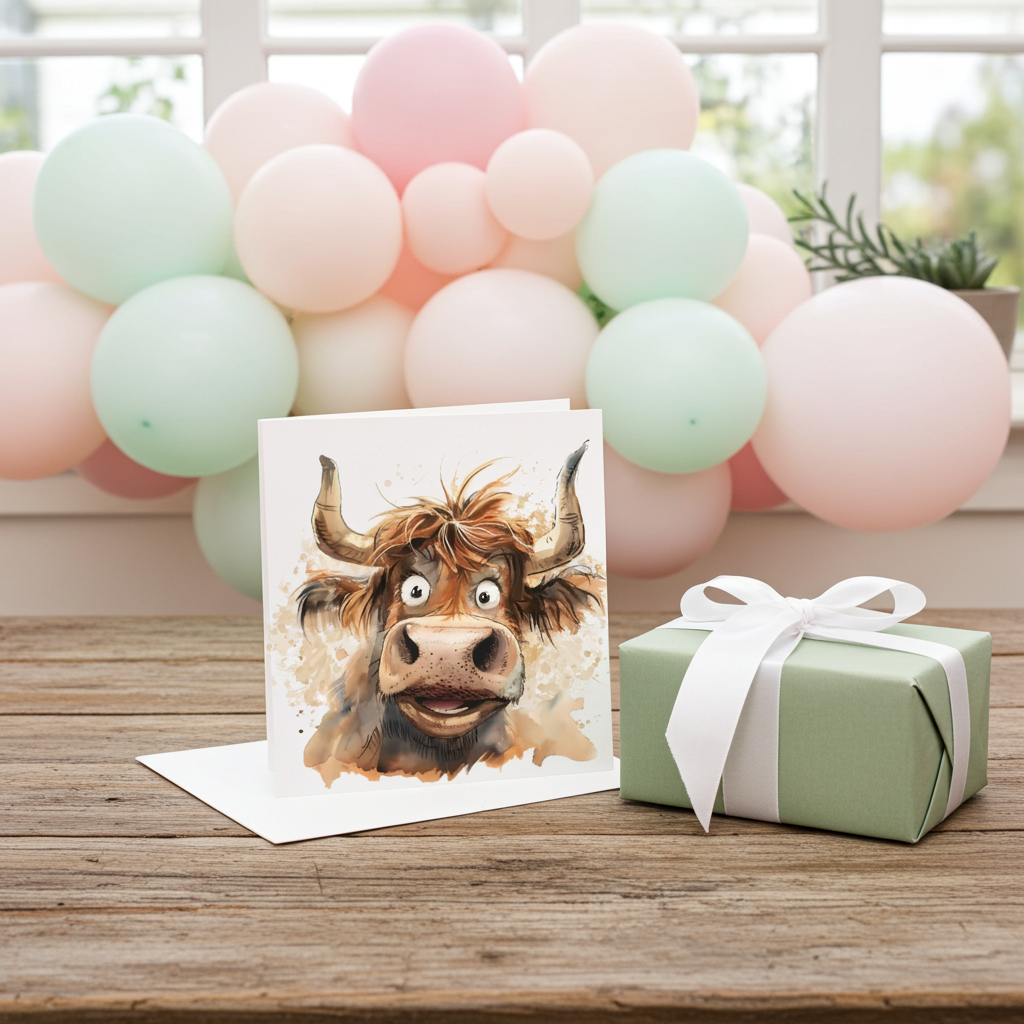 Birthday Card – Handmade Highland Cow Design, Cute Farm Animal Greeting Card