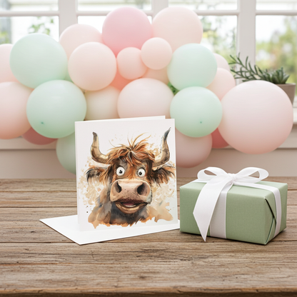 Birthday Card – Handmade Highland Cow Design, Cute Farm Animal Greeting Card