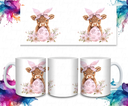 Coffee Mug Featuring Highland Cow, Pink or Blue egg.