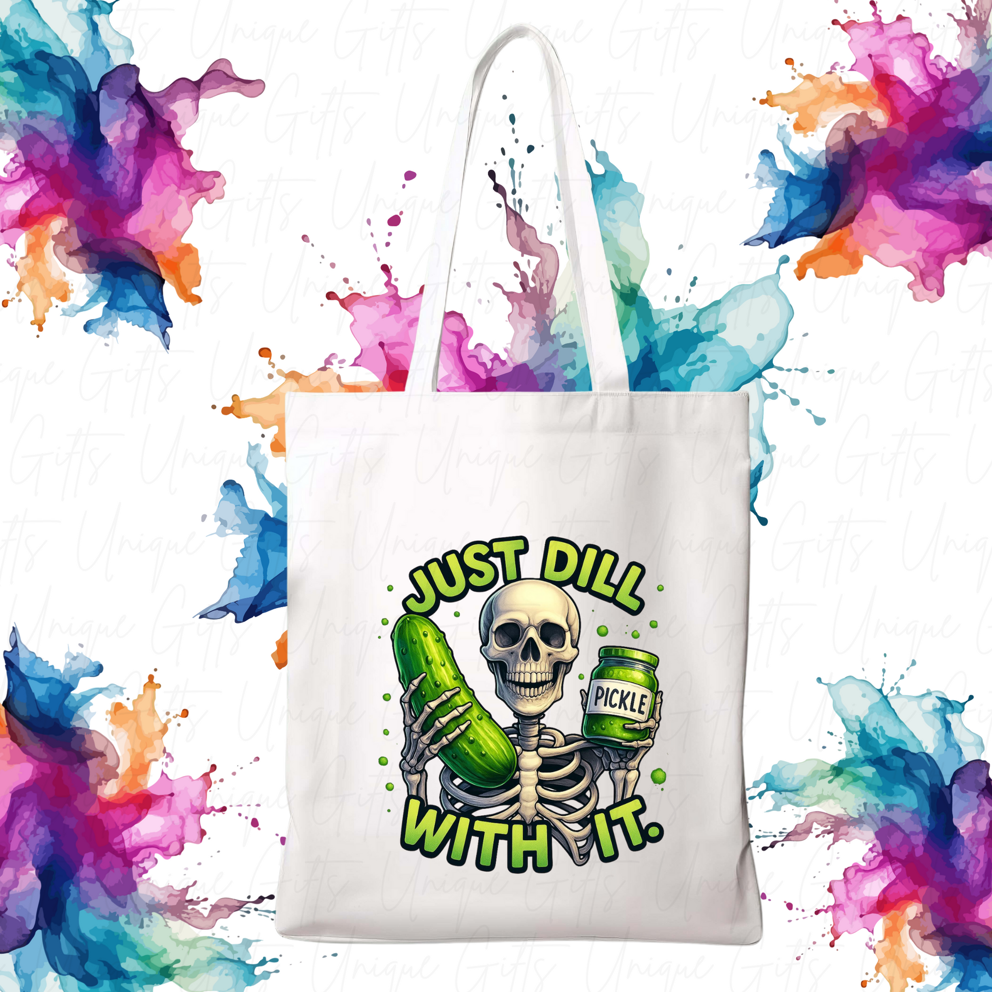 Tote bag with skeleton and pickle design on a colourful abstract background