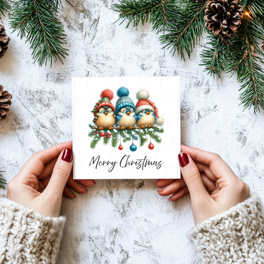 Christmas Card – Birds in Hats Design, Handmade Personalised Holiday Greeting Card