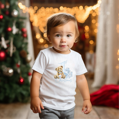 Personalised 1st Christmas T-Shirt – Blue Cute Bear Design | Custom Baby’s First Christmas Outfit