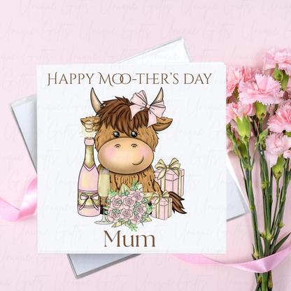 Personalised Mother's Day Card – Highland Cow Celebrations – With Envelope