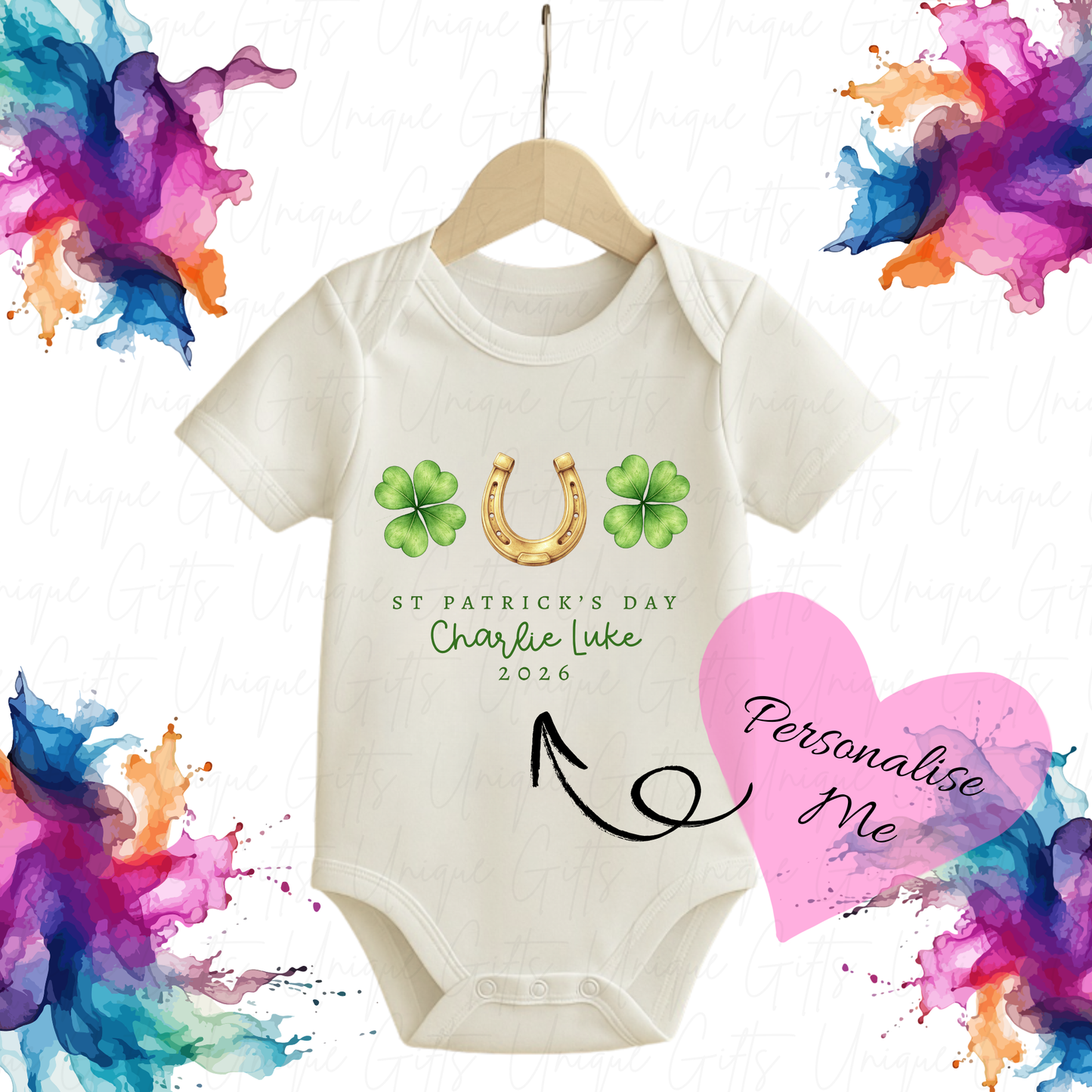 St Patrick's Day Lucky Horseshoe Baby Grow | Unique Gifts