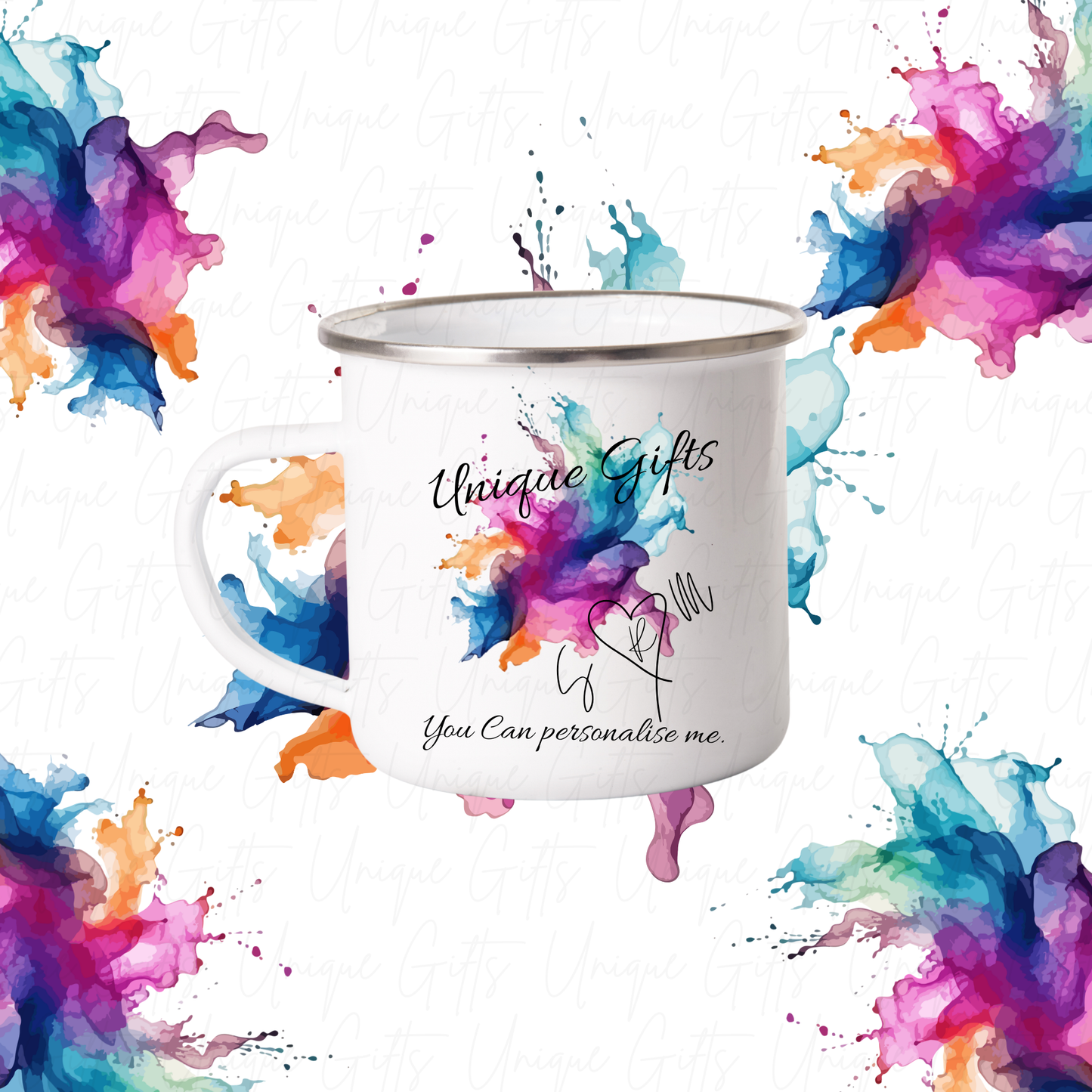 12oz Personalised Enamel Mug with Silver Rim – Add Your Name or Image | Custom Vintage Camping Mug