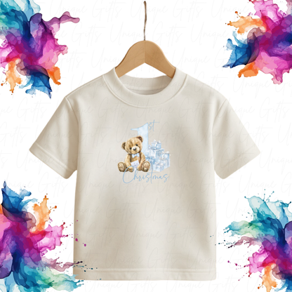 Personalised 1st Christmas T-Shirt – Blue Cute Bear Design | Custom Baby’s First Christmas Outfit