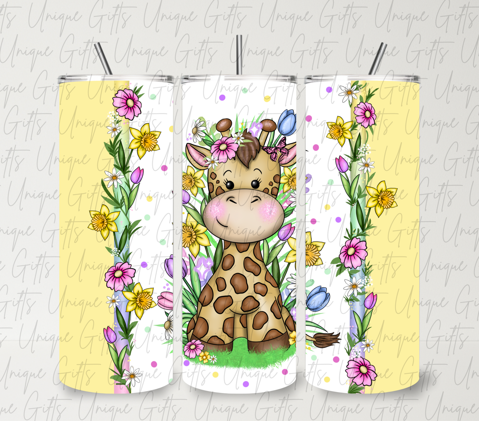 Cute giraffe spring flowers 20oz skinny tumbler – floral giraffe insulated cup with straw