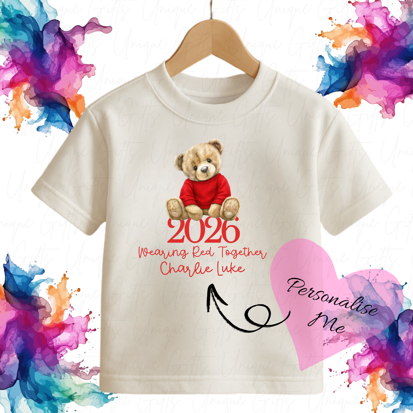 Personalised Red Nose Day 2026 boy bear children's t-shirt – custom name kids tee, sizes 6 months to 5-6 years