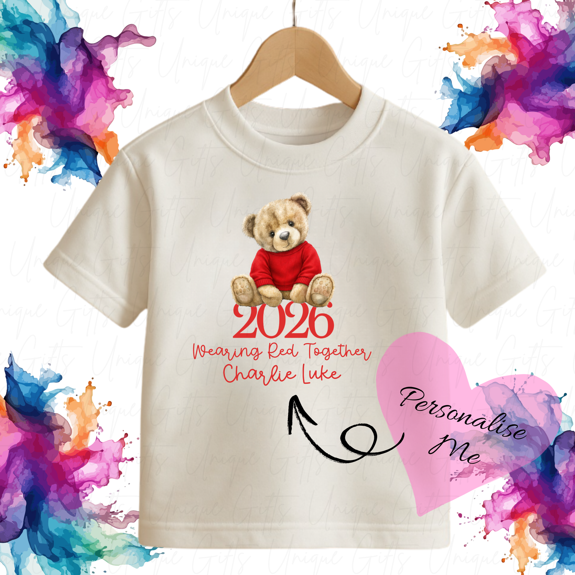 Personalised Red Nose Day 2026 boy bear children's t-shirt – custom name kids tee, sizes 6 months to 5-6 years