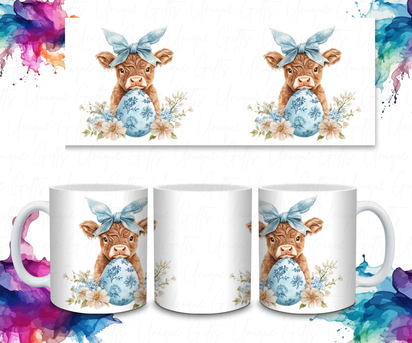 Coffee Mug Featuring Highland Cow, Pink or Blue egg.