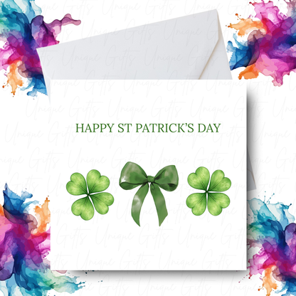 Personalised St Patrick's Day lucky bow card – handmade personalised 6x6 inch Irish greeting card