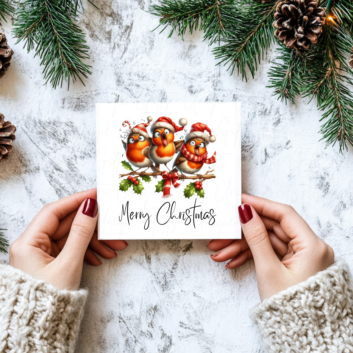 Christmas Card – Singing Robins Design, Handmade Personalised Holiday Greeting Card