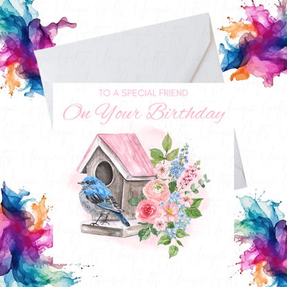 Birthday Card for Special Friend – Bird House Design, Handmade & Elegant