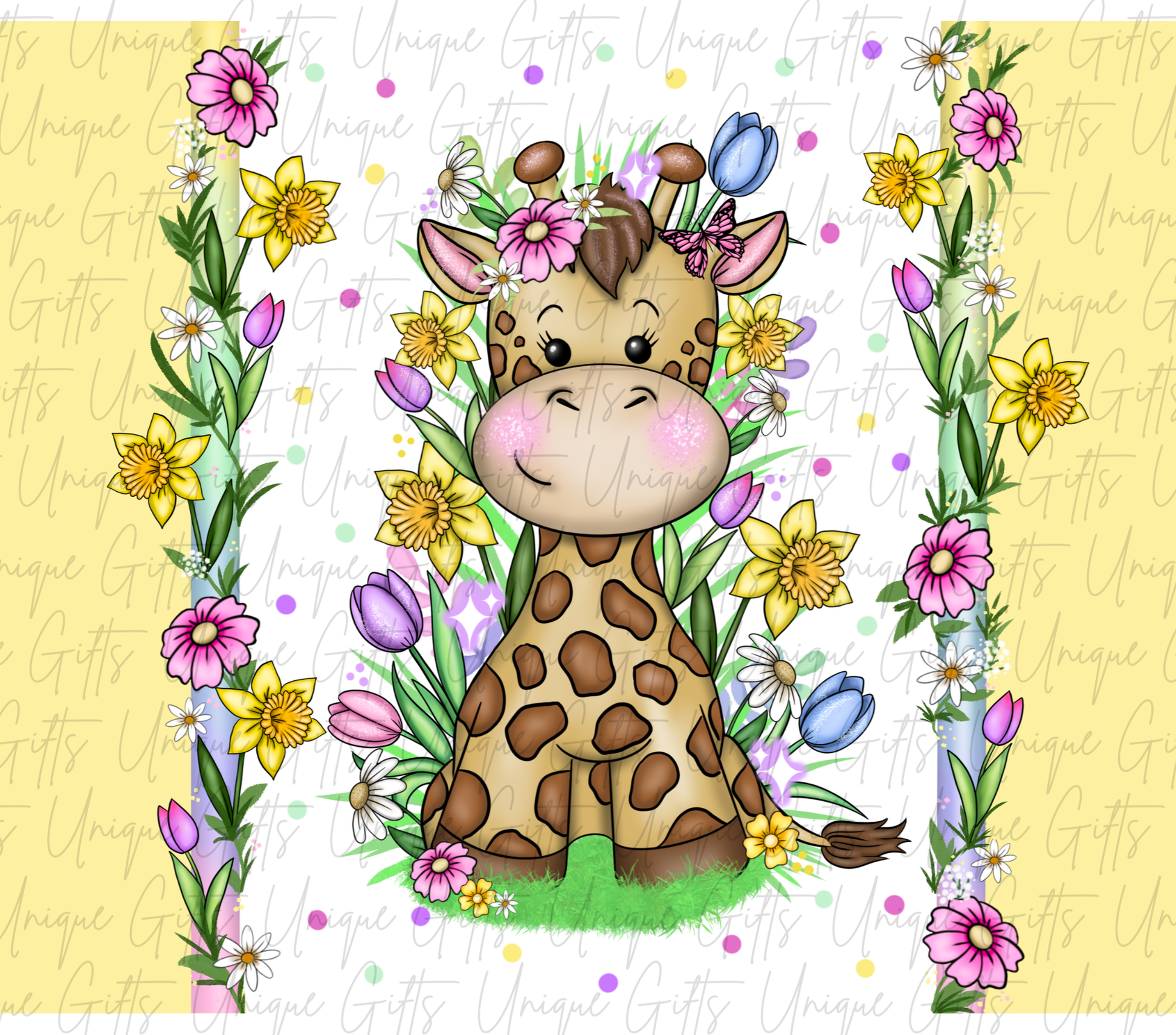 Giraffe spring flowers tumbler close up – pastel floral design, unique gift for her