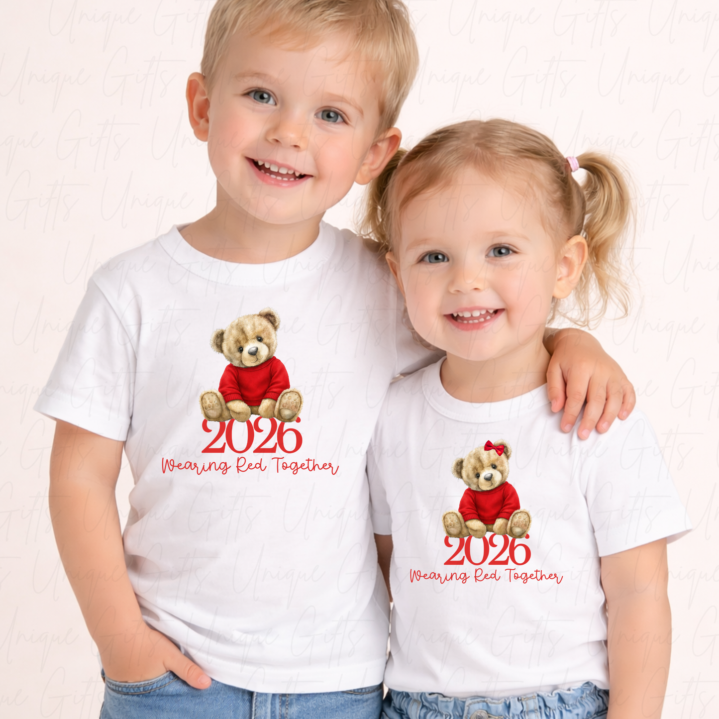 Personalised Red Nose Day 2026 girl bear children's t-shirt – custom name kids tee, sizes 6 months to 5-6 years