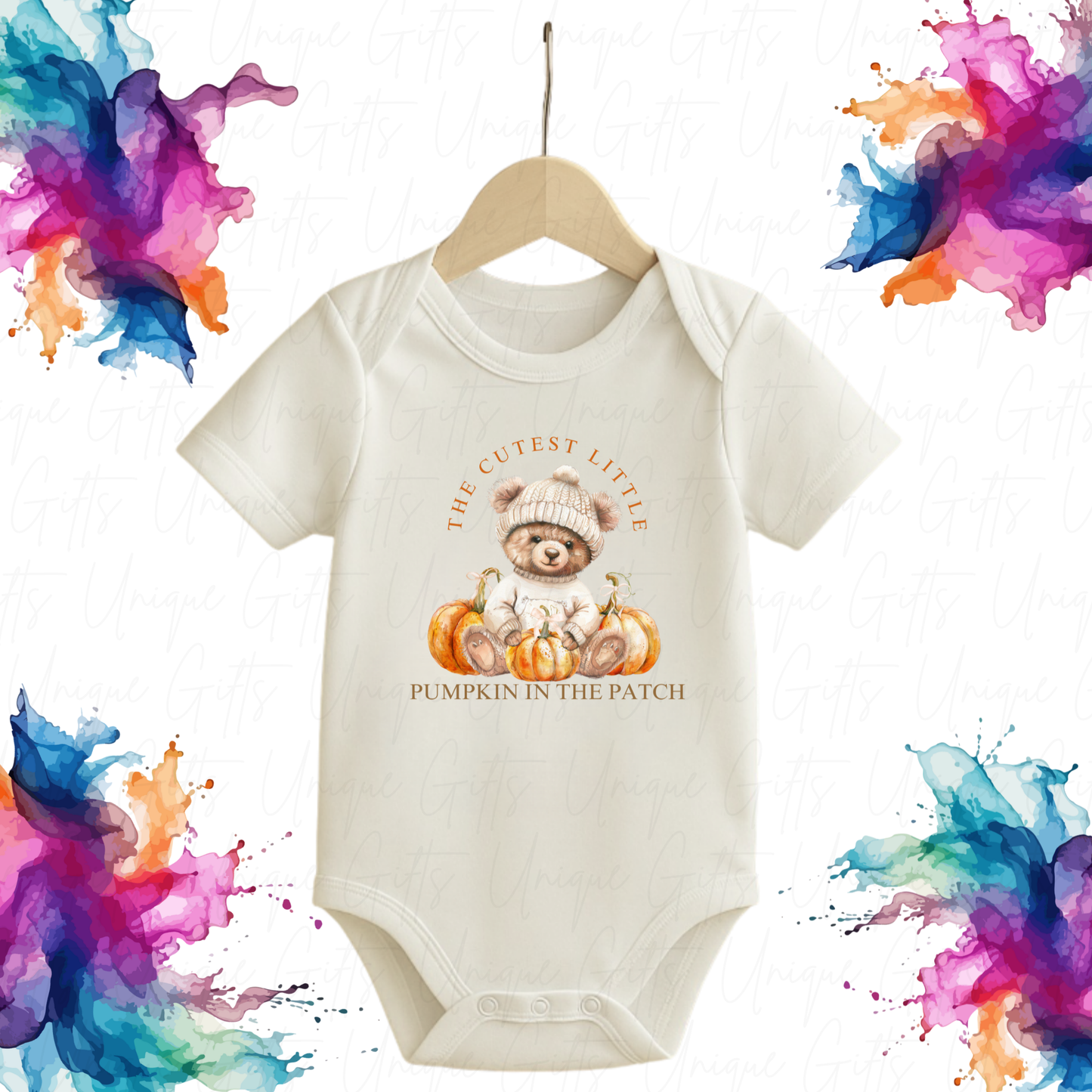 Personalised Baby Grow – Cutest Pumpkin in the Patch Bear with hat.