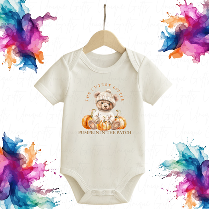 Personalised Baby Grow – Cutest Pumpkin in the Patch Bear with hat.