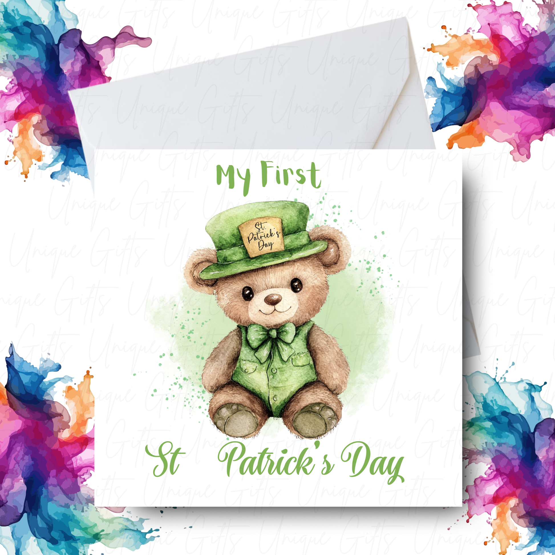 My first St Patrick's Day card – cute bear personalised handmade 6x6 inch Irish greeting card