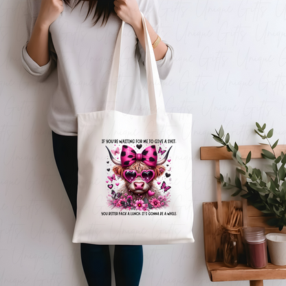 Polyester Tote Bag White – Funny Highland Cow ‘Waiting for Me to Give a Sh*t’ Design, Reusable Everyday Bag