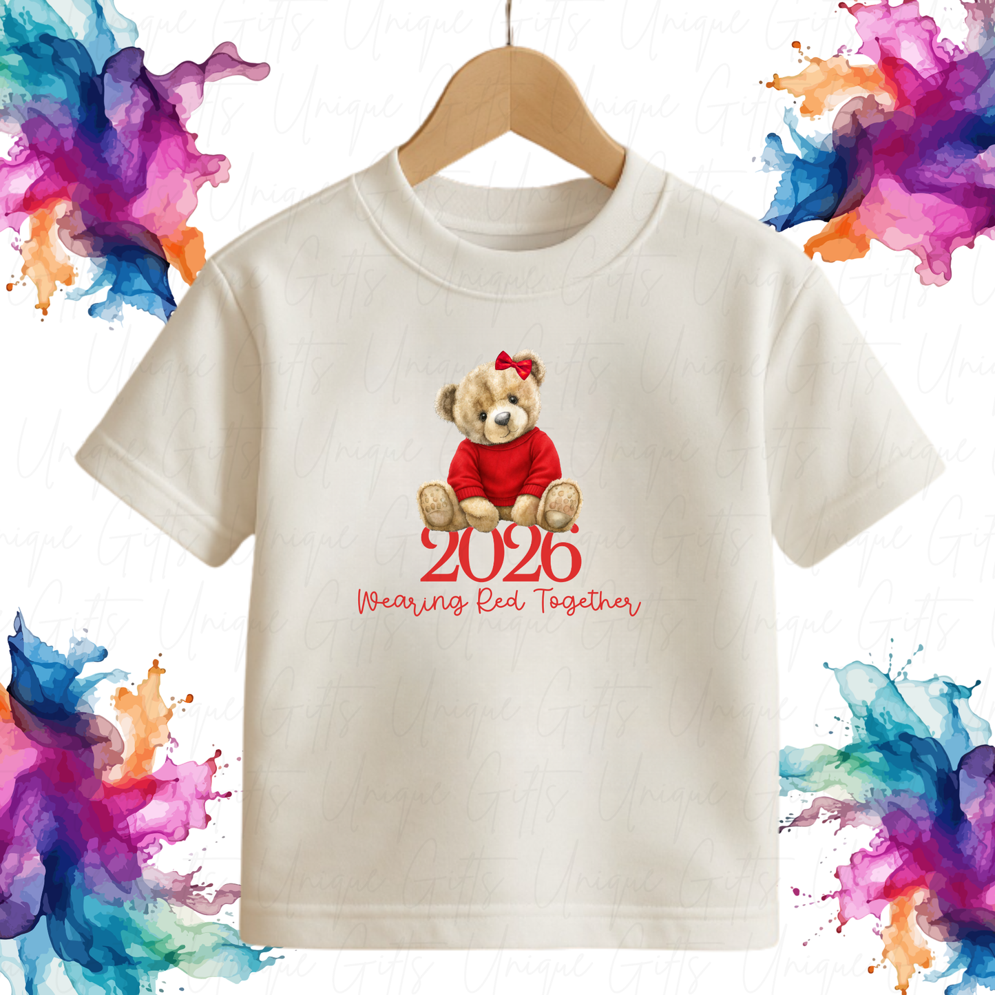 Personalised Red Nose Day 2026 girl bear children's t-shirt – custom name kids tee, sizes 6 months to 5-6 years