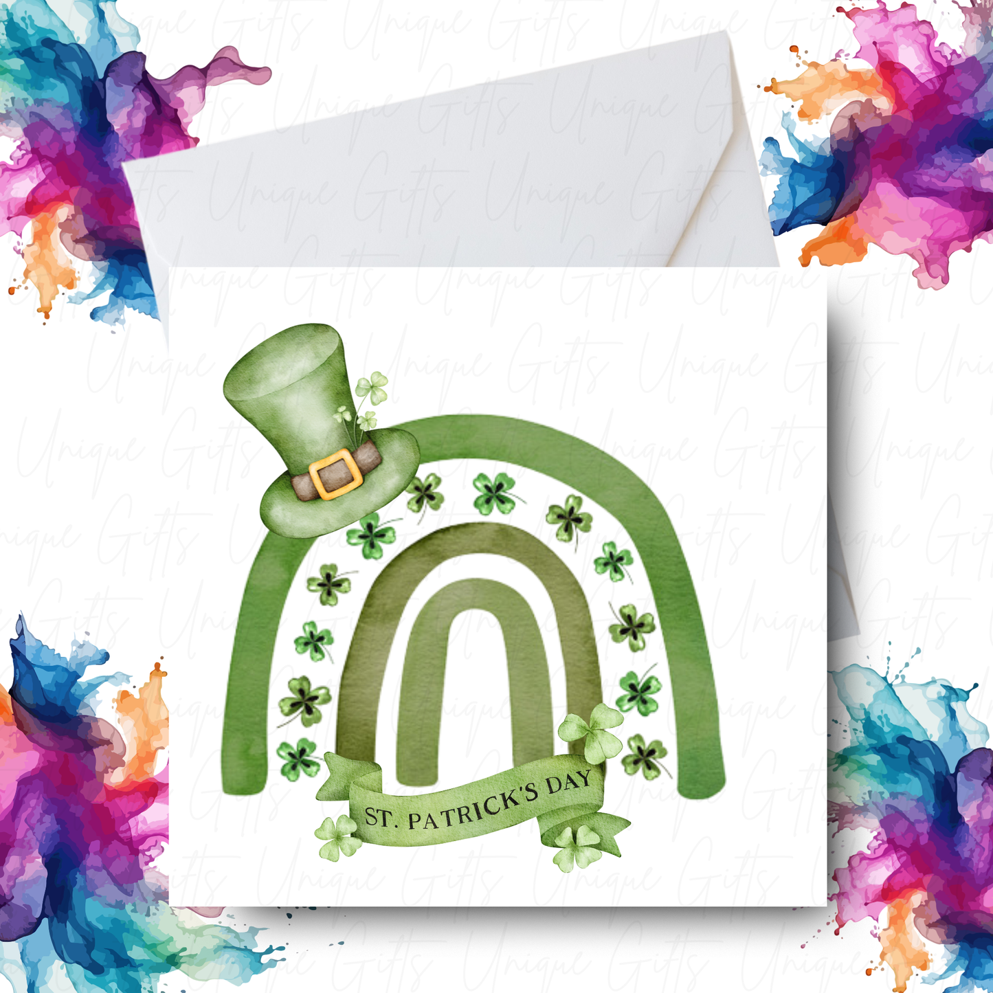St Patrick's Day rainbow card – lucky clover handmade personalised 6x6 inch greeting card