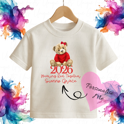 Personalised Red Nose Day 2026 girl bear children's t-shirt – custom name kids tee, sizes 6 months to 5-6 years