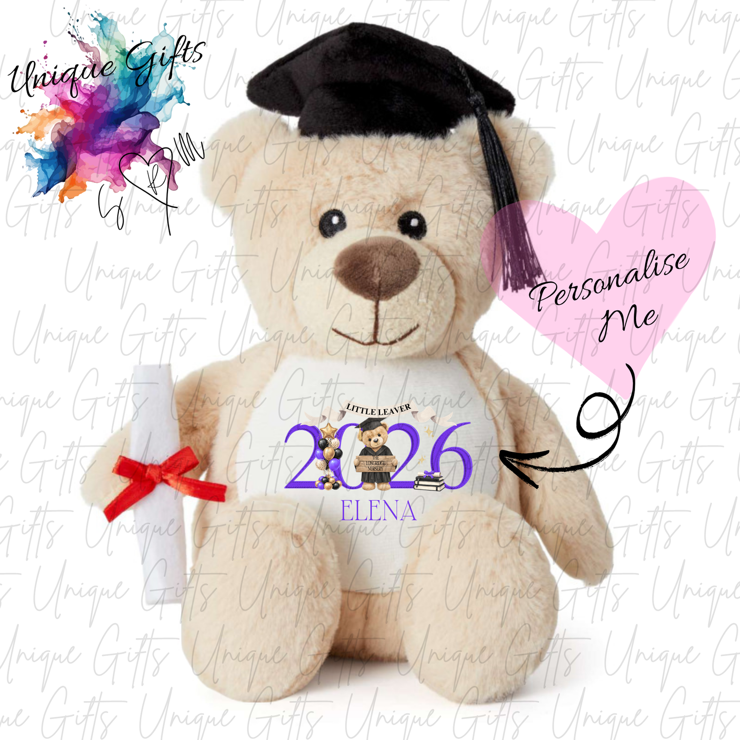 Personalised graduation teddy bear design 2 colour options – 12 colours available including sage, red, blue, pink, lilac and more