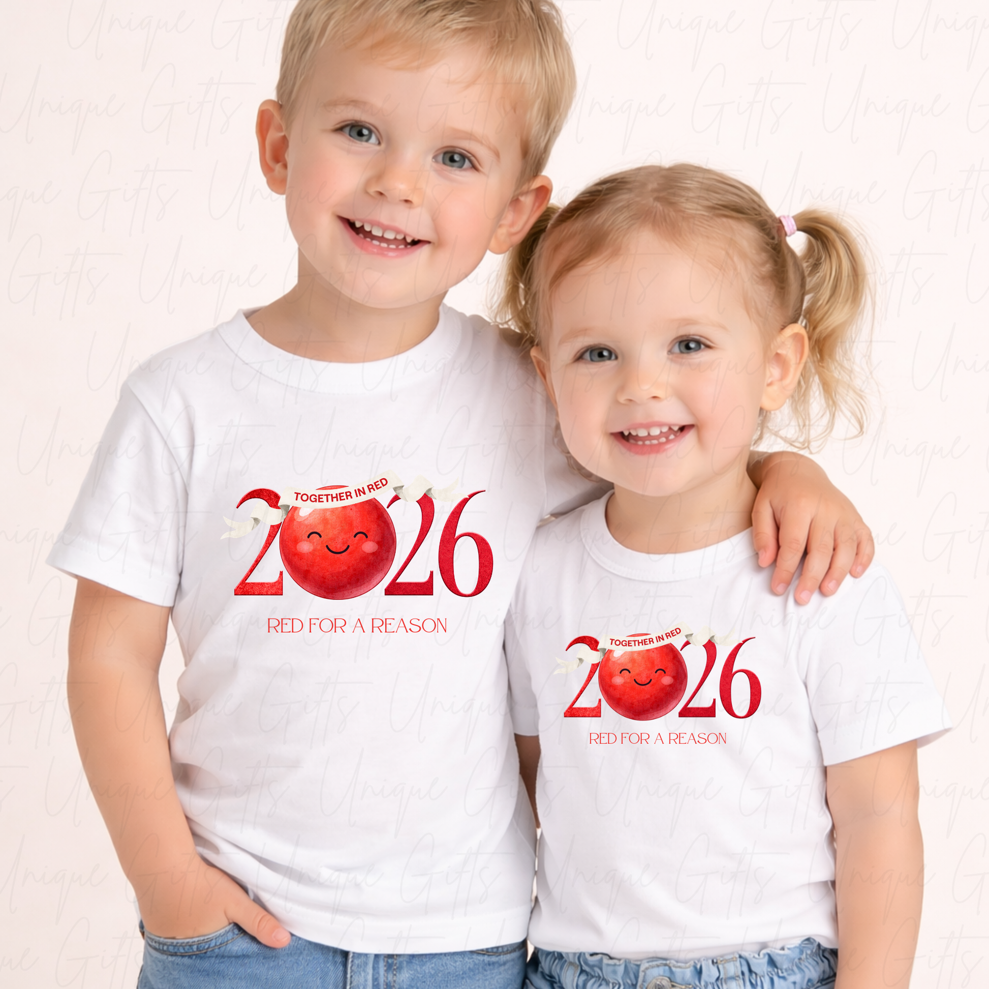 Personalised Red Nose Day 2026 wearing red together children's t-shirt – custom name kids tee, sizes 6 months to 5-6 years