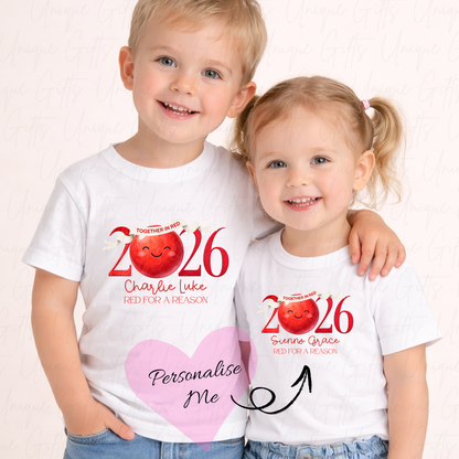 Personalised Red Nose Day 2026 wearing red together children's t-shirt – custom name kids tee, sizes 6 months to 5-6 years