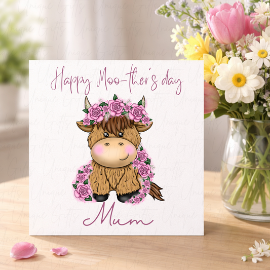 Personalised Mother's Day Card – Highland Cow with Pink Flowers – Lifestyle Shot