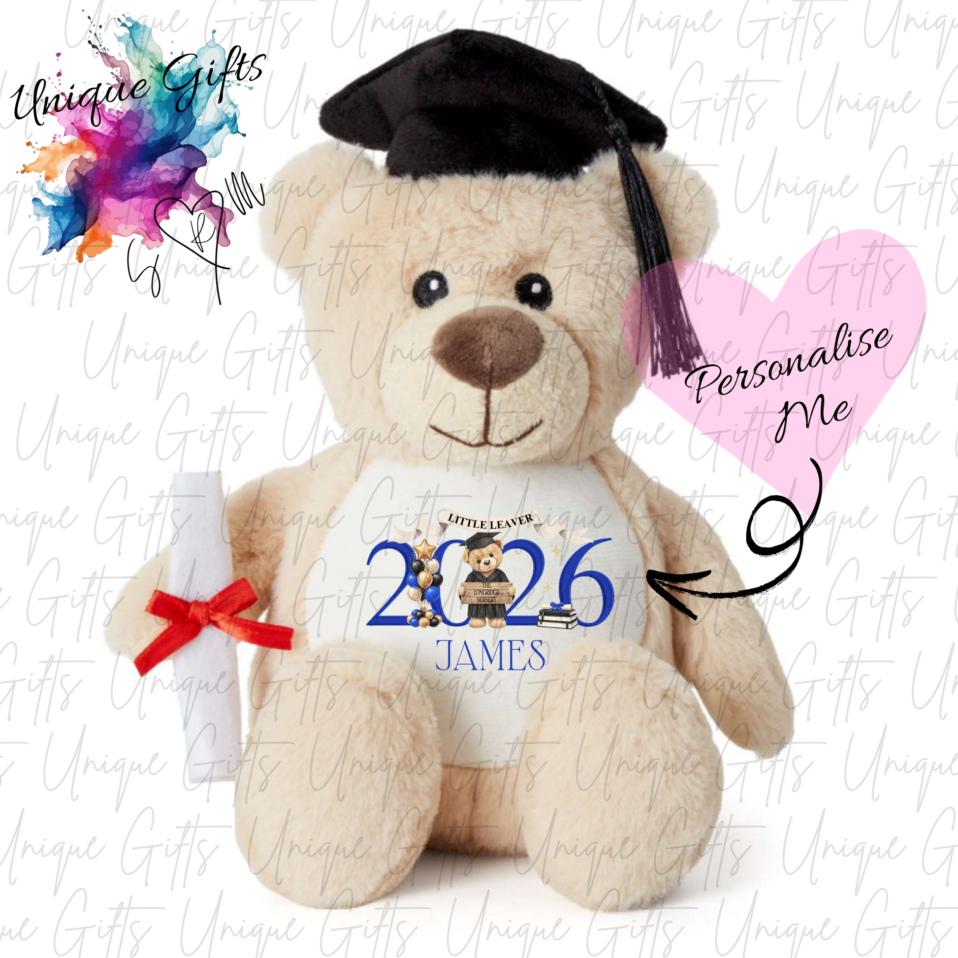 Personalised graduation teddy bear design 2 colour options – 12 colours available including sage, red, blue, pink, lilac and more