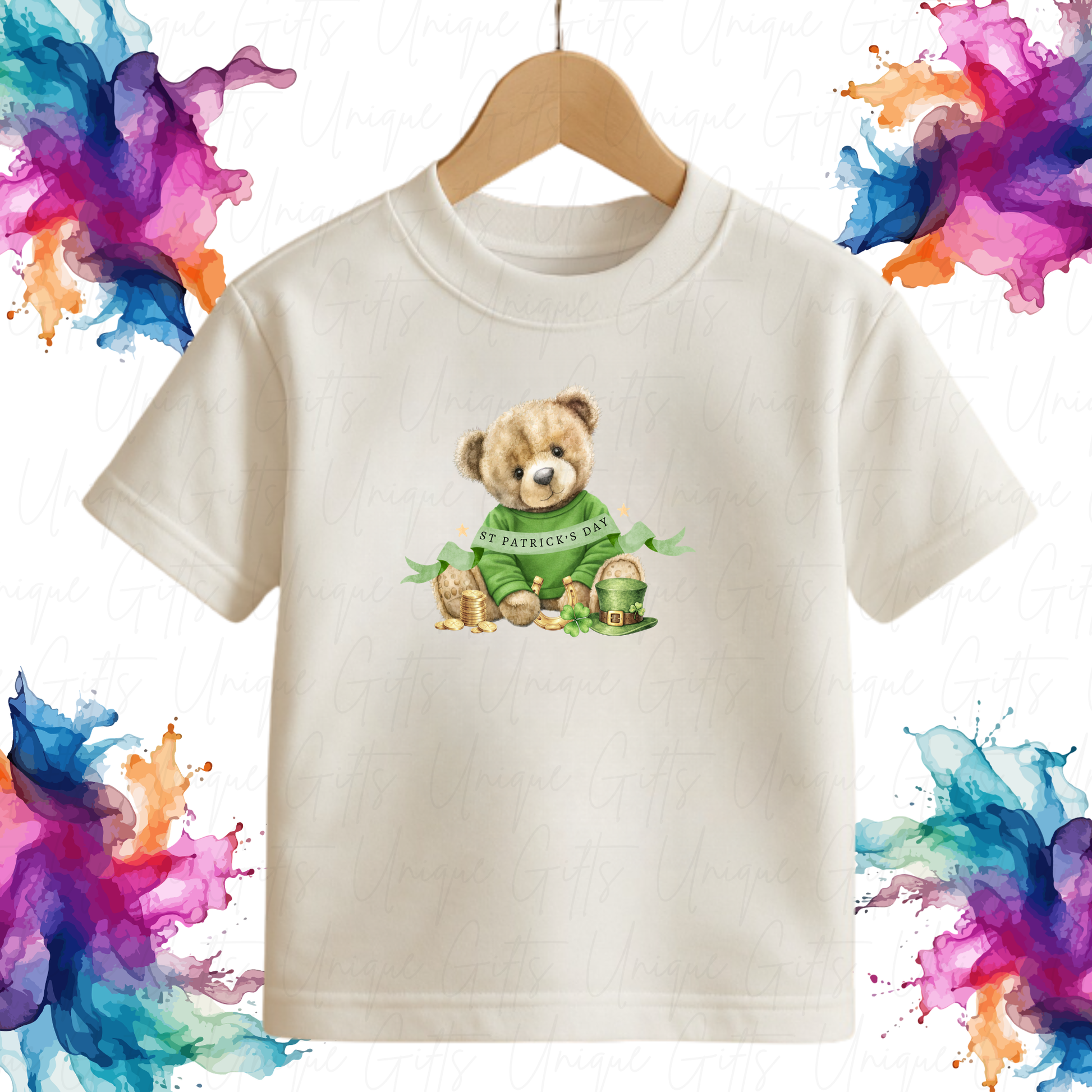 St Patrick's Day personalised boy bear children's t-shirt – custom name, sizes 6 months to 5-6 years