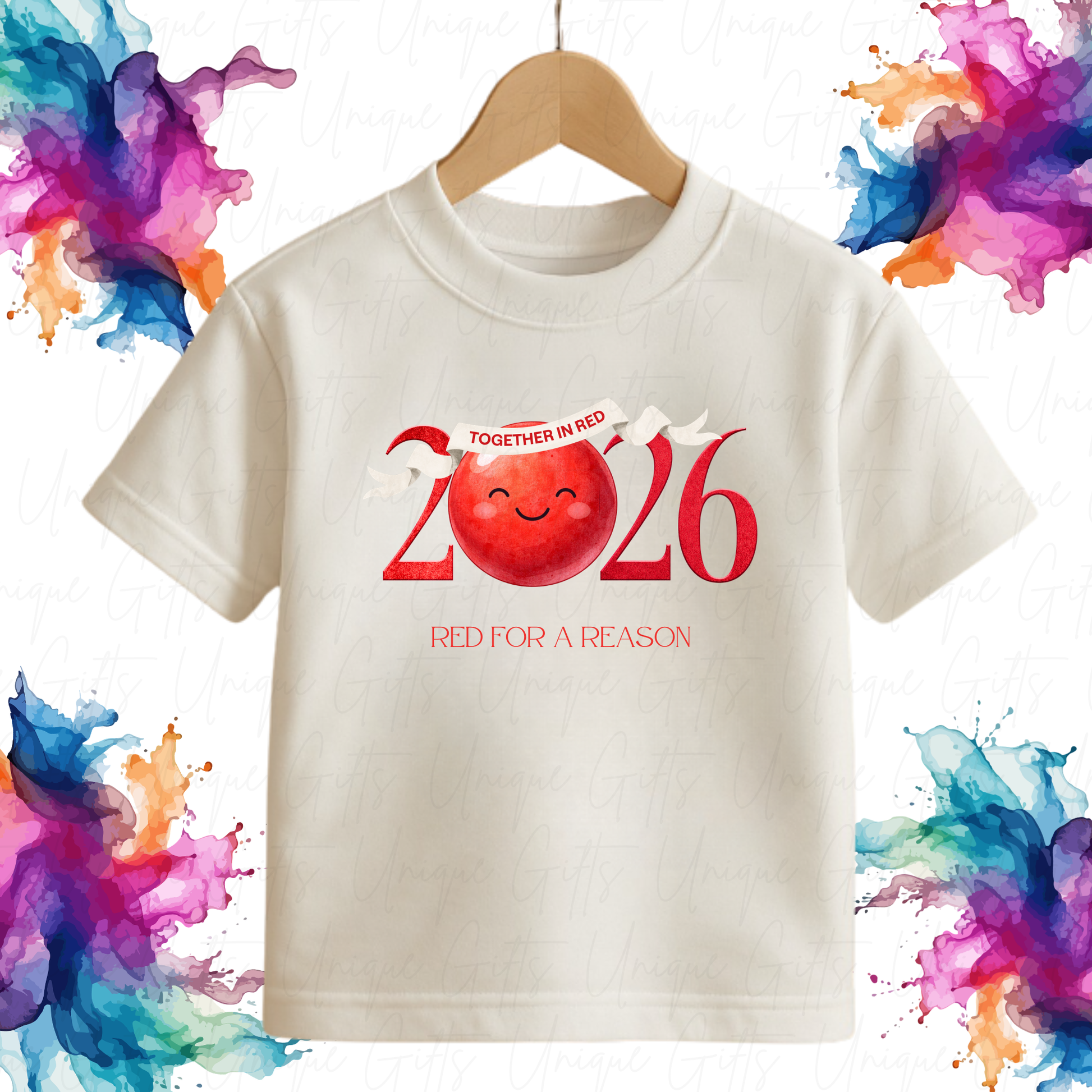 Personalised Red Nose Day 2026 wearing red together children's t-shirt – custom name kids tee, sizes 6 months to 5-6 years