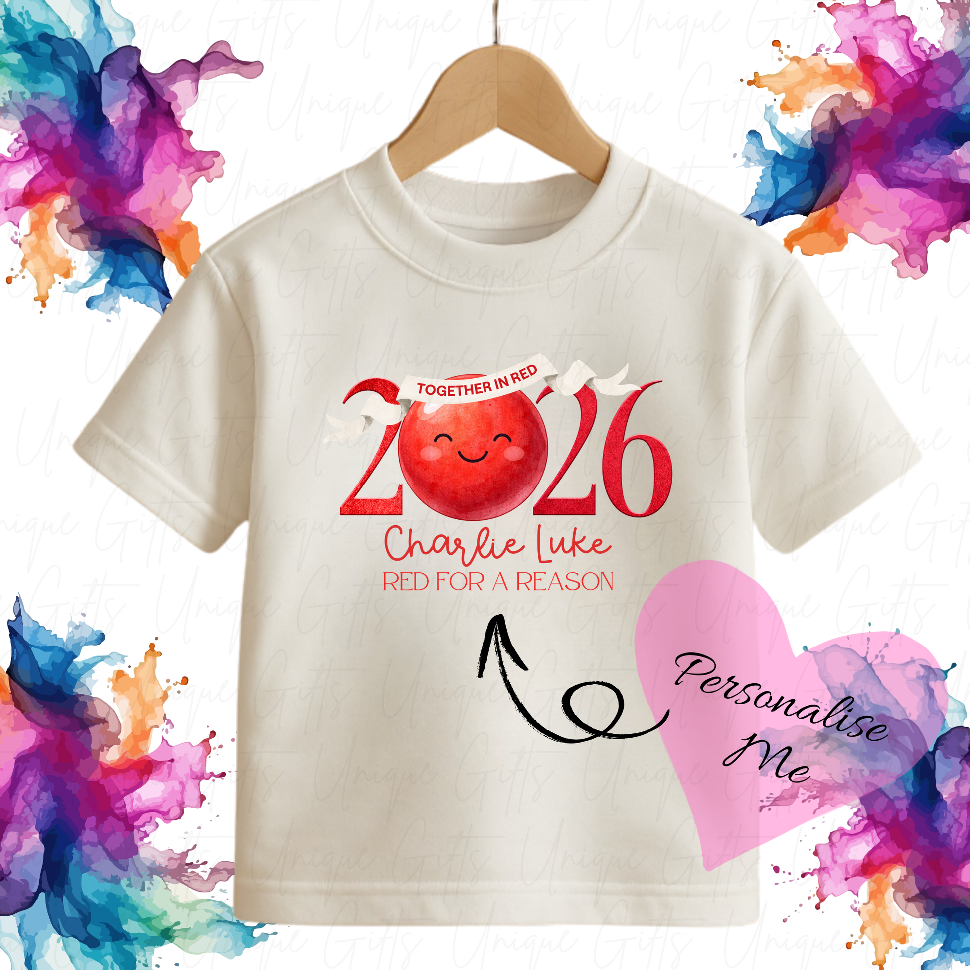 Personalised Red Nose Day 2026 wearing red together children's t-shirt – custom name kids tee, sizes 6 months to 5-6 years