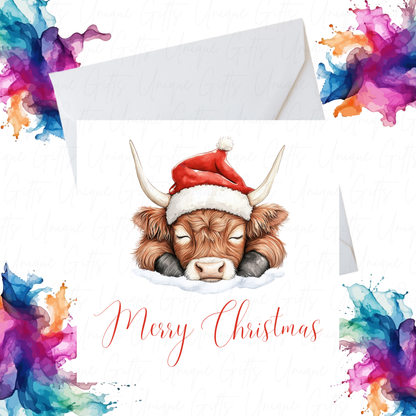 Christmas Card – Highland Cow Design, Handmade Personalised Holiday Greeting Card