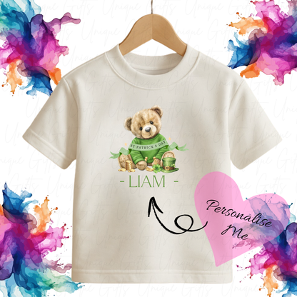 St Patrick's Day personalised boy bear children's t-shirt – custom name, sizes 6 months to 5-6 years