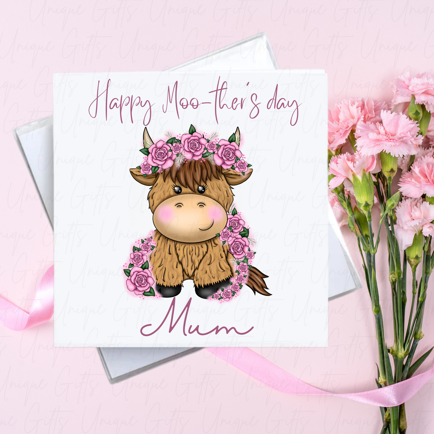 Personalised Mother's Day Card – Highland Cow with Pink Flowers – With Envelope