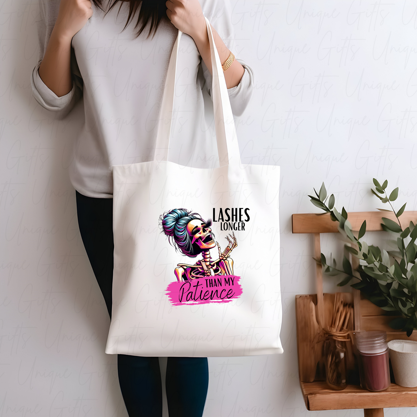 Tote Bag in White with Lashes Longer than my Patience Design