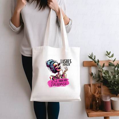 Tote Bag in White with Lashes Longer than my Patience Design