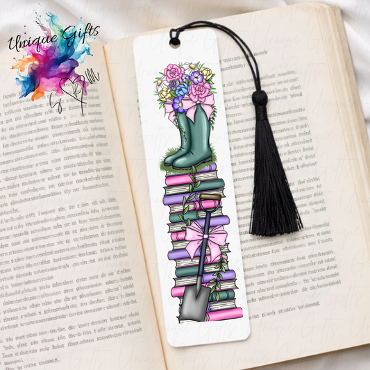 Personalised gardeners bookmark with wellies and flowers – book stack design – aluminium with black tassel
