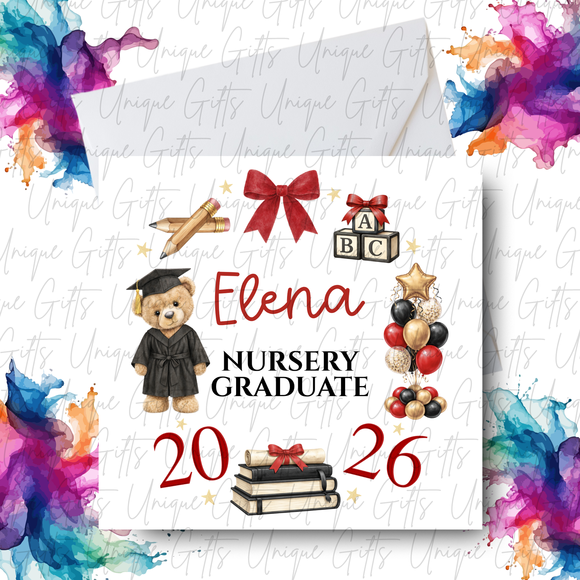Nursery graduate card shown with white envelope and personalised name Elena | Unique Gifts