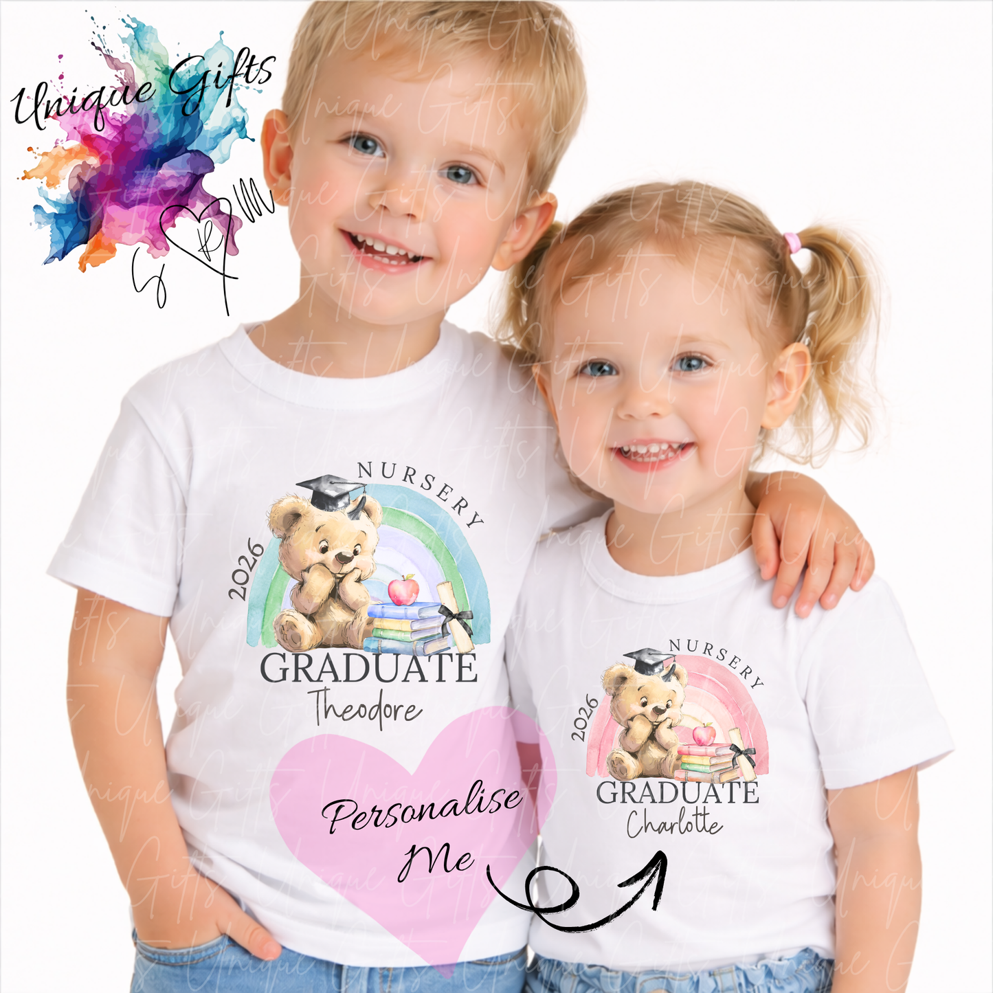 Personalised nursery graduate children's t-shirt – custom name kids tee, sizes 3-4 years to 5-6 years