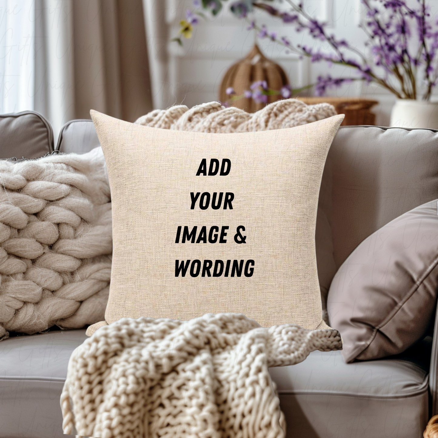 Personalised Rustic Linen Look Cushion Cover – 40cm Square | Add Your Design