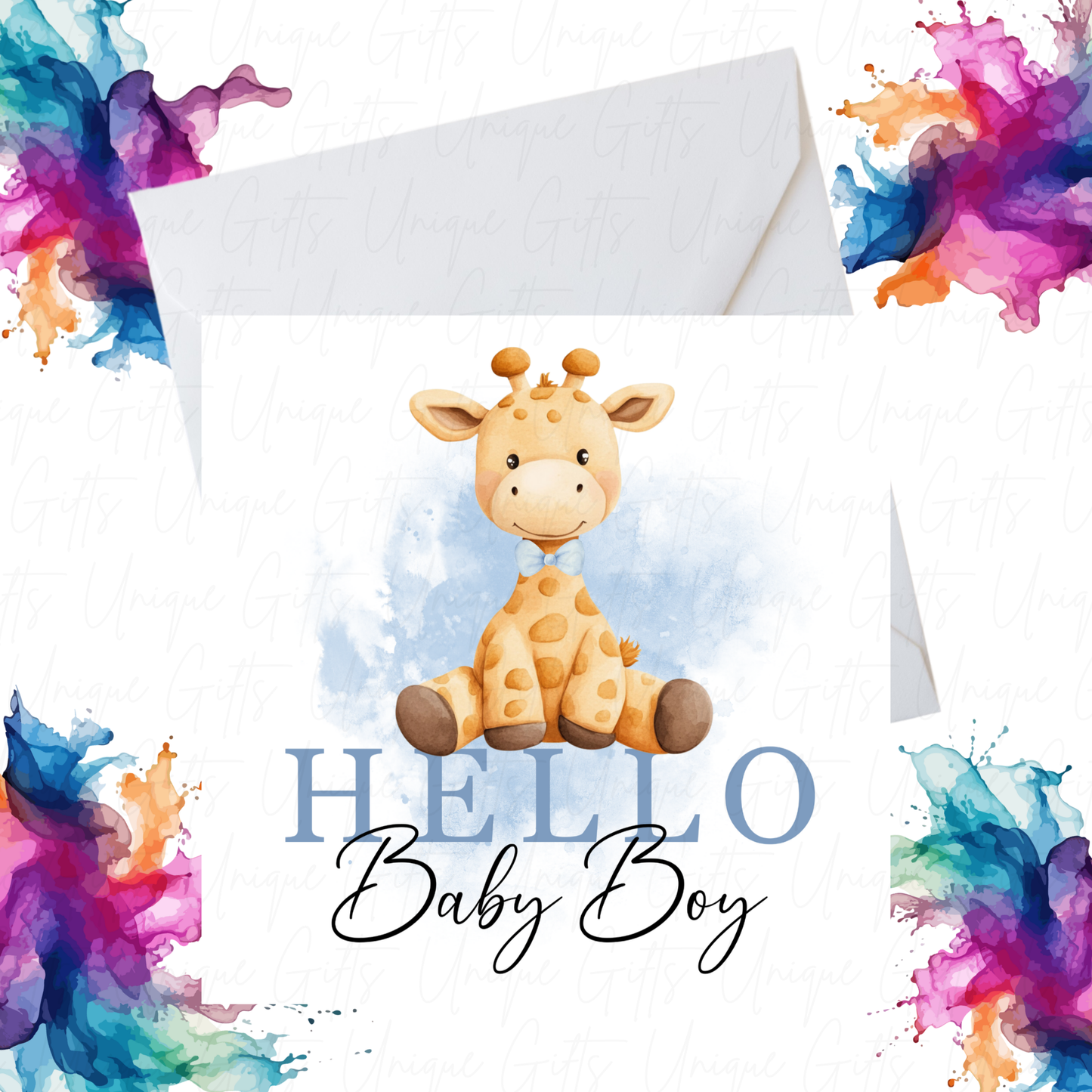 Welcome Baby Boy Card – “Hello Baby Boy” Cute Giraffe Design, Handmade