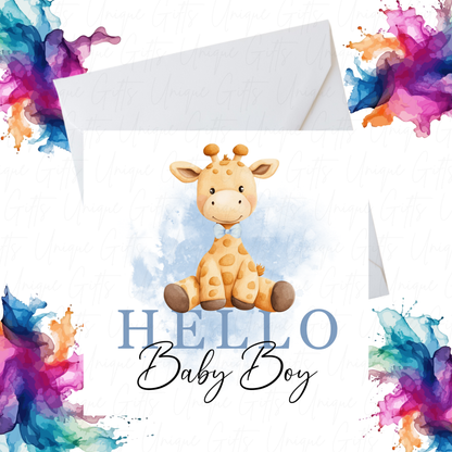Welcome Baby Boy Card – “Hello Baby Boy” Cute Giraffe Design, Handmade